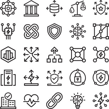 Comprehensive collection of business and technology outline icons including brain cpu shield cloud link and server for development.