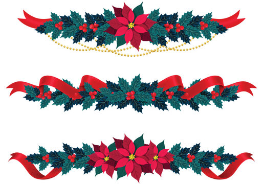 Christmas garlands with poinsettias, holly, red ribbons, and golden beads. festive winter holiday decorations.