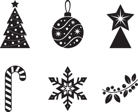 Christmas icons set with tree ornament star candy cane snowflake and mistletoe on transparent background.