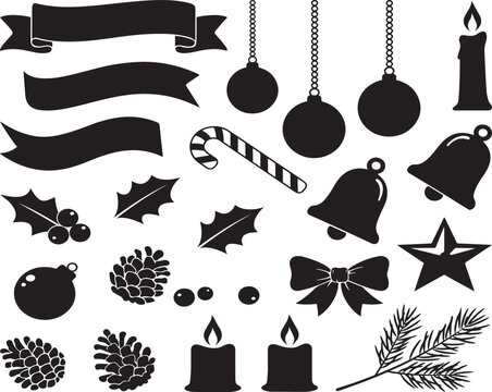 Christmas decorative elements set with ribbons bells pine cones bow candles holly and pine branch.