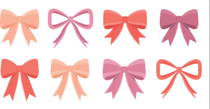 Set of colorful bows on transparent background different shades of pink and orange ribbons with knots.
