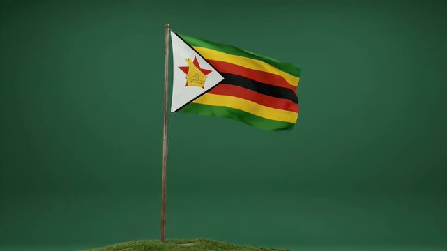Zimbabwe flag waving in wind on golden pole against green background for national pride and identity