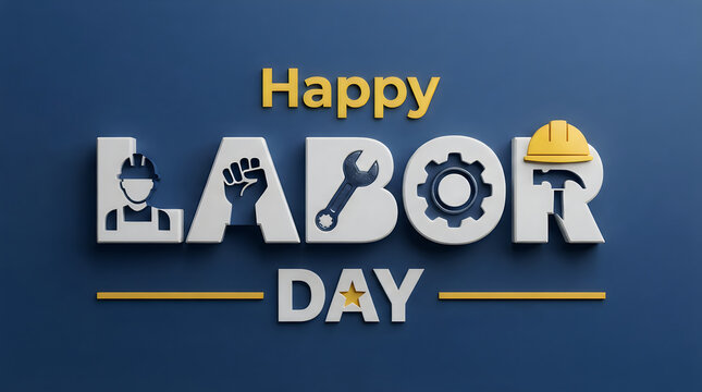 Happy labor day greeting sign with industrial tools and worker icons on a blue background