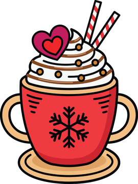 Cozy hot chocolate with whipped cream topping and snowflake on red mug for christmas celebration season.