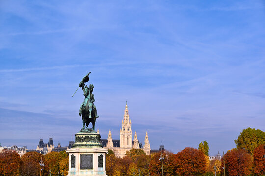Archduke Charles Monument at Heldenplatz with Vienna City Hall in Autumn Austria