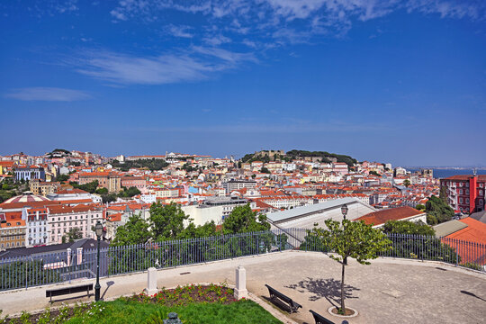 Castelo de Sao Jorge and Lisbon Cityscape View from Miradouro de Sao Pedro de Alcantara Portugal