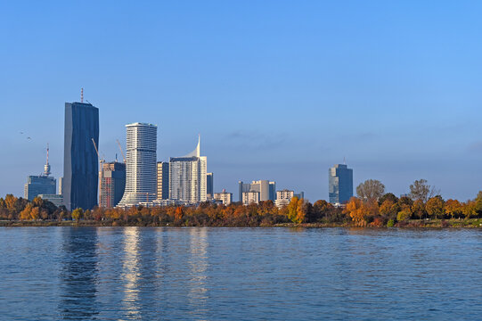Donau City Skyline with DC Tower and Donauturm on Danube River Vienna Austria