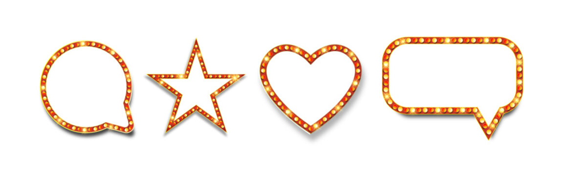 Retro marquee bulb sign light frames set with speech bubbles star and heart isolated on white background vector illustration