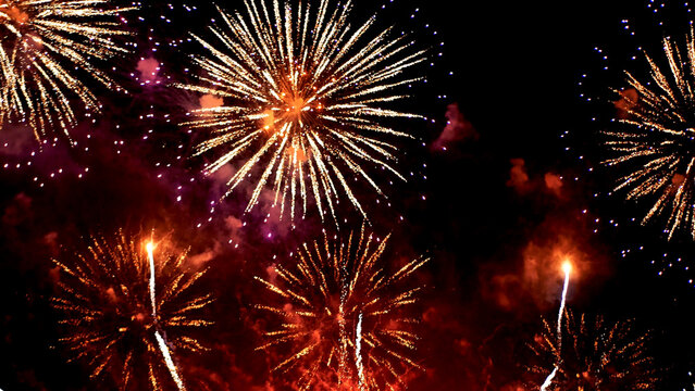 Red Firework celebrate anniversary happy new year 2026, 4th of july holiday festival. red firework in night time celebrate national holiday. Happy new year 2026, 4th of july holiday festival.