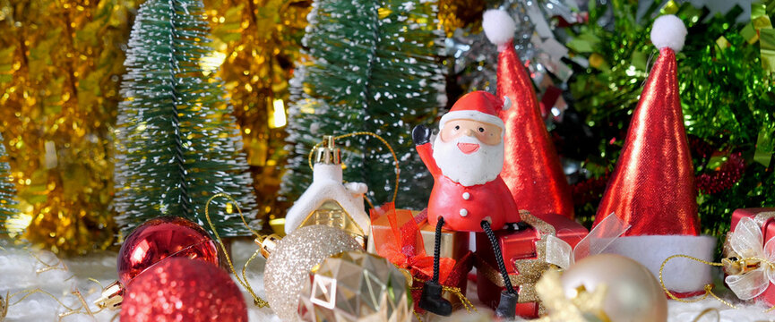 Banner Christmas present gift box under bauble christmas tree decorated holiday winter xmas. Panorama Present gift boxes to family kids decor in cozy living room copy space. Merry xmas happy new year