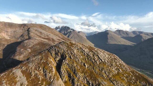 Aerial view of the Pap of Glencoe during sunset in the Scottish Highlands