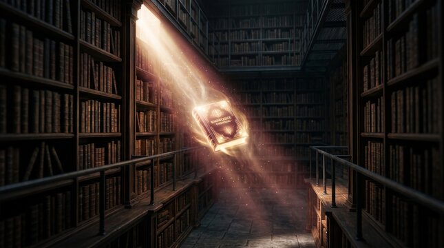 Magical glowing book floating in a dark ancient library with light beam effect