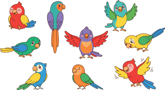 Cute Colorful Tropical Parrot Characters Vector Illustration Set with Happy Smiling Exotic Birds for Children Education and Baby Nursery Graphic Designs
