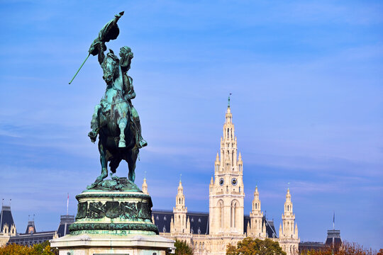 Equestrian Archduke Charles Monument and Vienna City Hall Close Up Austria