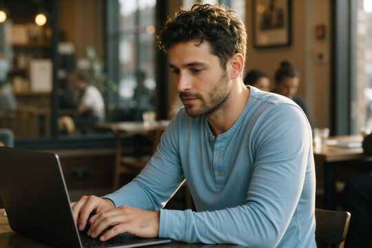 Man working on laptop in a cozy cafe setting, embodying remote work and digital nomad lifestyle.