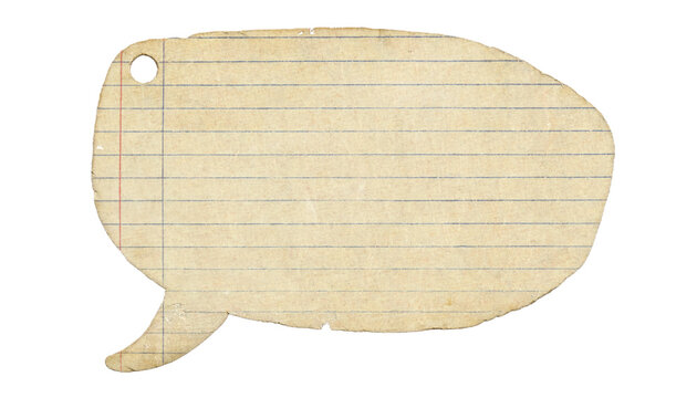 Vintage notebook paper shaped like a speech bubble with lined texture and binder hole