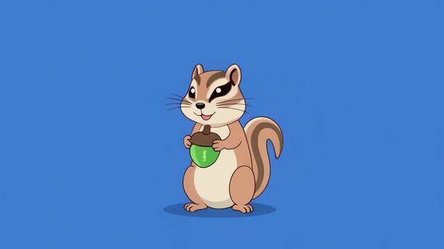 Cute Chipmunk Character Holding Acorn Animated Loop with Joyful Expression on Blue Background