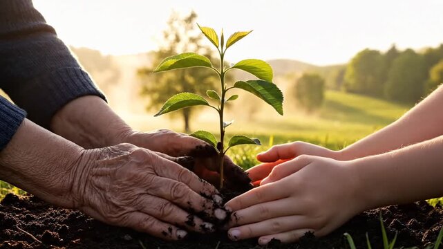 Generations Planting Sapling Together in Green Field at Sunset