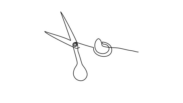 Human hand holding open scissors one line art animation, barber cutting hair tailor sewing craft continuous line drawing motion, hairdressing salon handmade workshop 4k self-drawing video