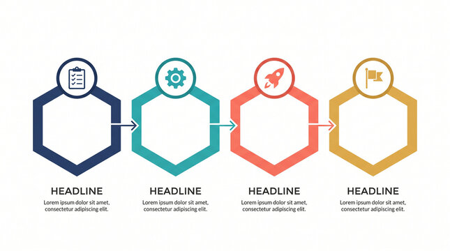 Four Step Business Process Infographic with Hexagonal Timeline and Icons