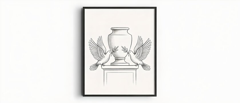 Elegant Black‑and‑White Line Art Print: Two Doves Flanking a Classical Urn on a Pedestal &mdash; A minimalist, monochrome line drawing features a pair of stylized doves with outstretched wings positioned sy