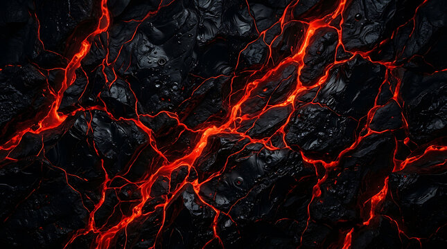 Molten lava flowing through black volcanic rock texture with glowing red cracks background