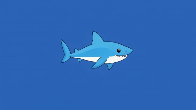 Playful cartoon shark swimming in clear blue ocean water with minimalist horizontal lines