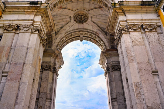 Rua Augusta Arch Vault and Pillars Close Up View in Lisbon Portugal