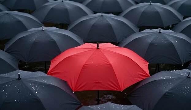 Unique Vibrant Red Umbrella Standing Out Among a Crowd of Dark Black Wet Umbrellas During a Rainy Day Symbolizing Individuality Leadership and Difference