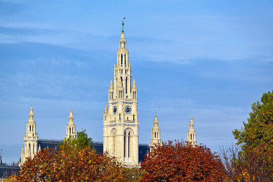 Vienna City Hall Tower Neo Gothic Architecture with Autumn Trees Austria