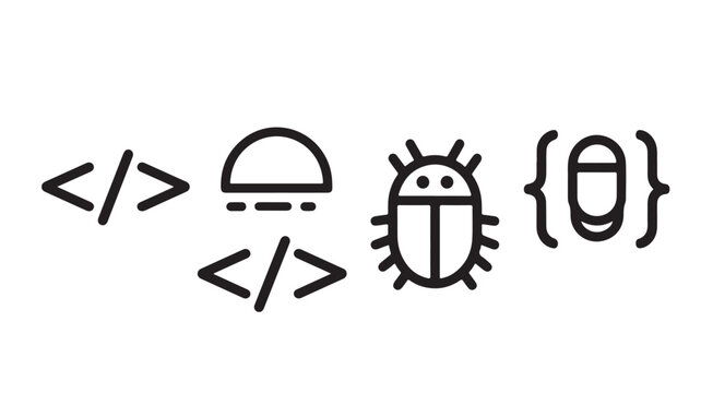 Minimalist vector graphic illustration showcasing software programming code tags and digital bug icons for professional web development interface design projects