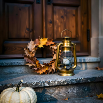 Still life of an autumnal dried leaf wreath and a brass lantern on stone steps.