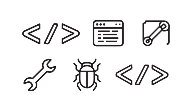 Minimalist black outline programming icons set featuring clean coding syntax elements, software tools, digital debugging symbols, and professional graphic design assets