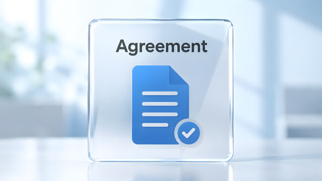 Digital agreement document with approved contract icon, representing business approval, legal compliance