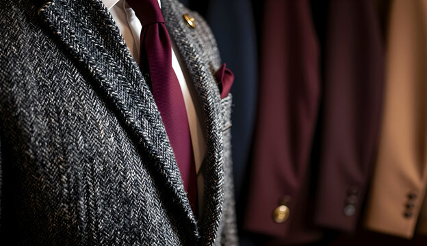 Extreme close-up of the woven herringbone pattern on a wool tweed blazer.