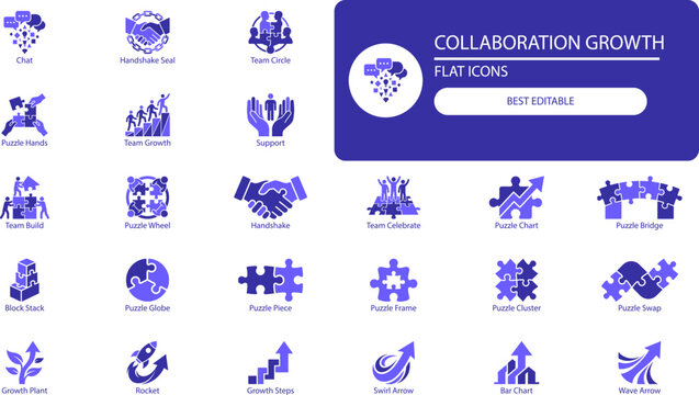 Teamwork symbols icon set. Solid glyph icons of puzzle pieces, handshake, growth and collaboration for business design