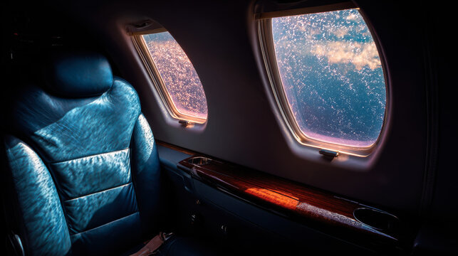 Clouds outside a plane window during sunset showing an empty seat and a pillow on the side creating a moment of stillness in the sky at evening time