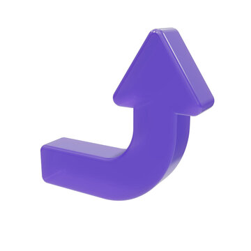 Purple 3D glass curved upward turn arrow icon isolated PNG