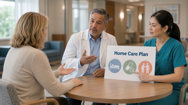 Doctor and nurse explain a home care plan to a patient, showing discharge coordination, shared guidance and teamwork supporting safe recovery at home.