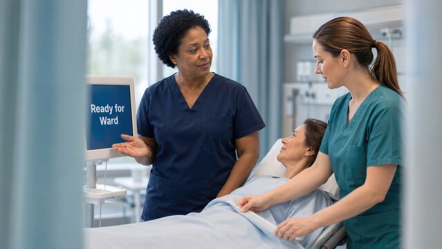 Two nurses prepare a patient for transfer to the ward, showing coordinated teamwork, readiness checks and continuity of care during hospital handover.