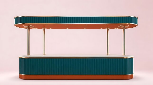 Retro diner counter with teal and orange accents on a pink background.