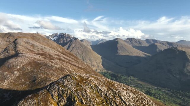 Aerial view of the Pap of Glencoe during sunset in the Scottish Highlands