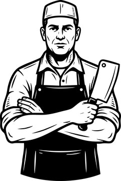 Black and white vector illustration of a butcher holding a meat cleaver