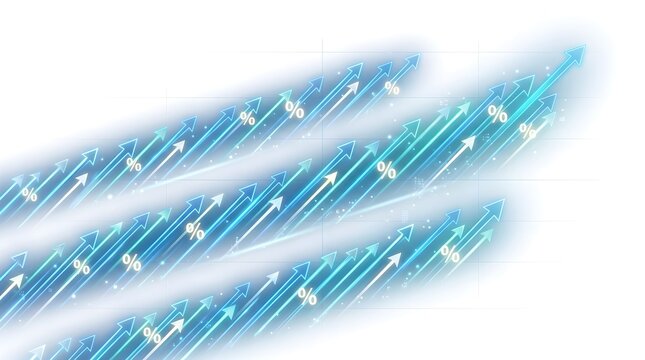Abstract blue light streaks with percent symbols and upward arrows moving fast