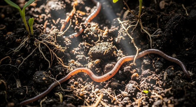 Earthworms move across moist garden soil. Sunlight highlights roots and tiny green sprouts.