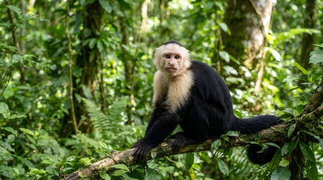 Wild Capuchin Monkey Sitting on Tree Branch in Dense Jungle
