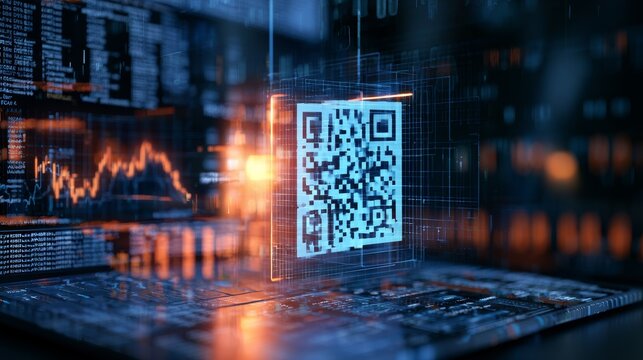 Floating QR code icon hovering at the center of a futuristic dashboard, surrounded by stock market tickers, line graphs, and a digital grid overlay, representing technology, finance, cryptocurrency