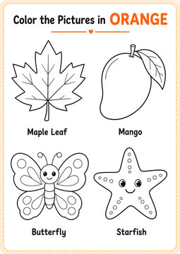 Preschool Orange Objects Coloring and Vocabulary Worksheet