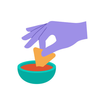 Hand dipping a tortilla chip into a bowl of salsa vector illustration