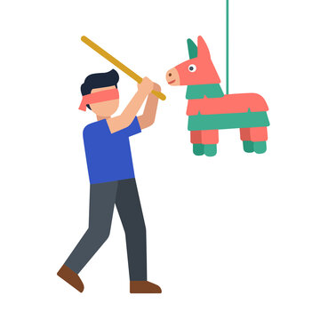 Man Hitting a Colorful Pinata at a Party Vector Illustration